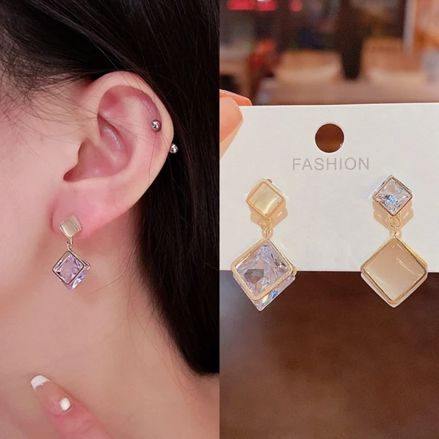 【Emi 艾迷】韓系 簡約設計感上下菱感鋯石貓眼石 925銀針 耳環