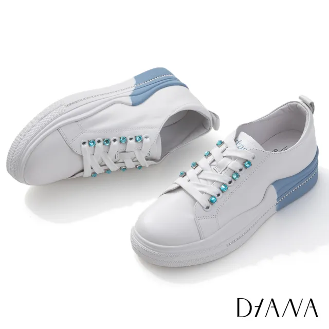 【DIANA】DIANA 4 cm質感牛皮繽紛色系彩鑽色底輕量休閒鞋(白X藍)
