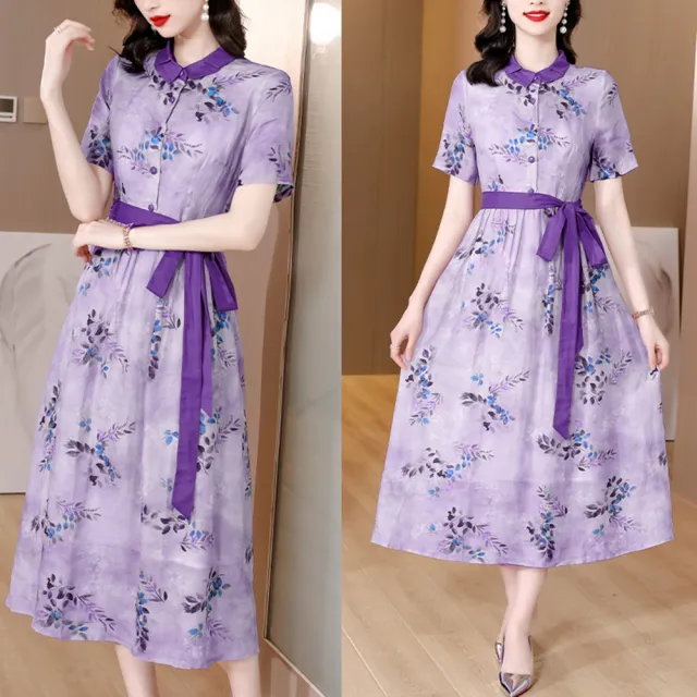【REKO】玩美衣櫃紫色洋裝印花短袖氣質棉麻連身裙M-4XL