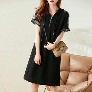 【MsMore】黑色運動風連身裙寬鬆遮肚顯瘦休閒連帽短袖中長版洋裝#116604(黑色)