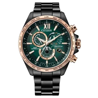 【CITIZEN 星辰】CITIZEN 星辰錶 時尚男錶 時尚型男光動能電波對時三眼腕錶 綠面 45mm(CB5956-89X)