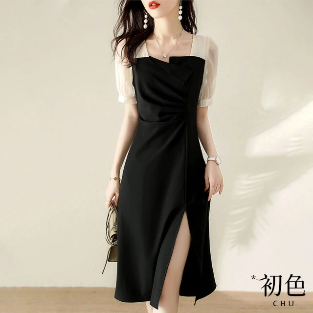 【初色】清涼感不規則拼接假兩件收腰開叉連身連衣裙洋裝-黑色-67659(M-2XL可選)