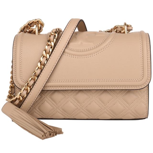 【TORY BURCH】浮印TB 菱形皮革金鍊流蘇斜背包(杏色/S)