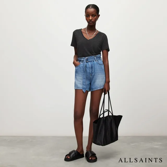 【ALLSAINTS】EMELYN 低調微透光亮片V領修身舒適短袖T恤-黑 WM410T(常規版型)