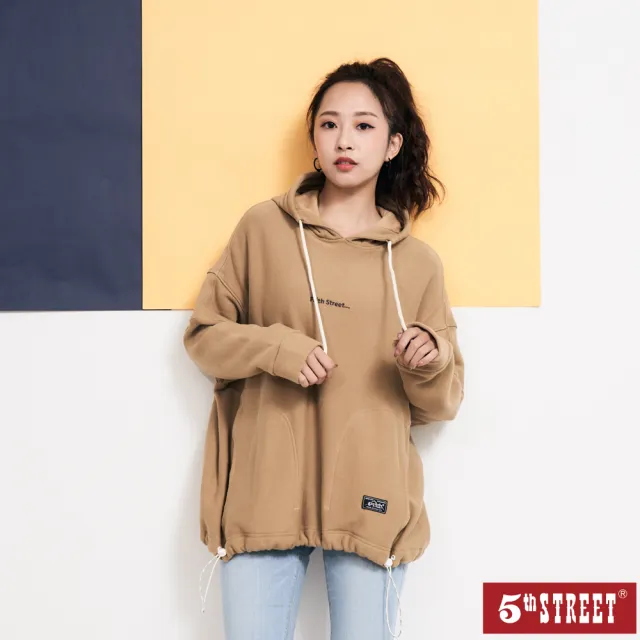 【5th STREET】雙11 女裝落肩後印反光帽T-卡其(山形系列)