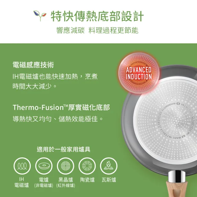 【Tefal 特福】法國製綠生活陶瓷不沾系列28CM不沾鍋平底鍋+玻璃蓋(適用電磁爐)