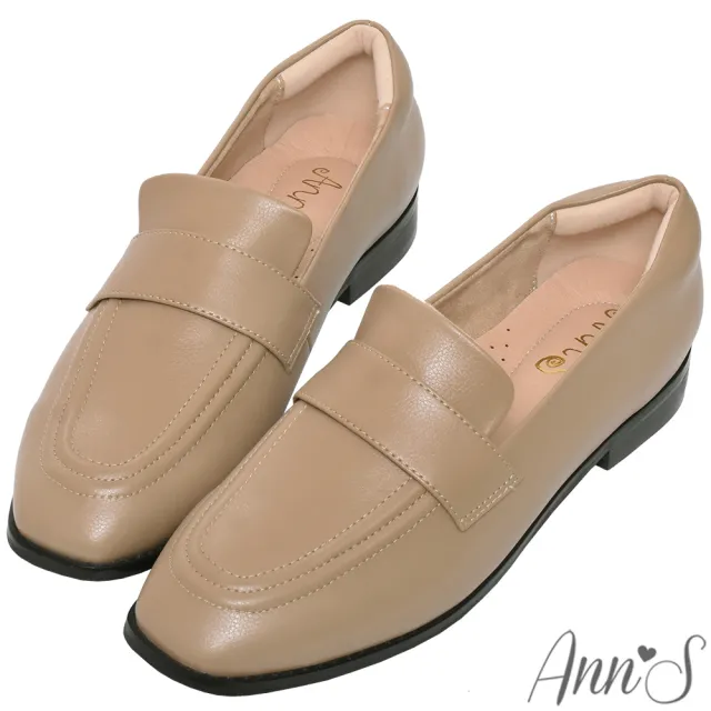 【Ann’S】好清潔荔枝紋皮革-素面小方頭平底樂福鞋-版型偏小(棕)