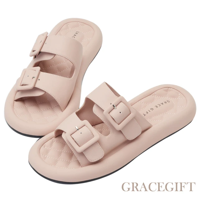 【Grace Gift】菱格紋圓頭寬帶拖鞋(淺粉)