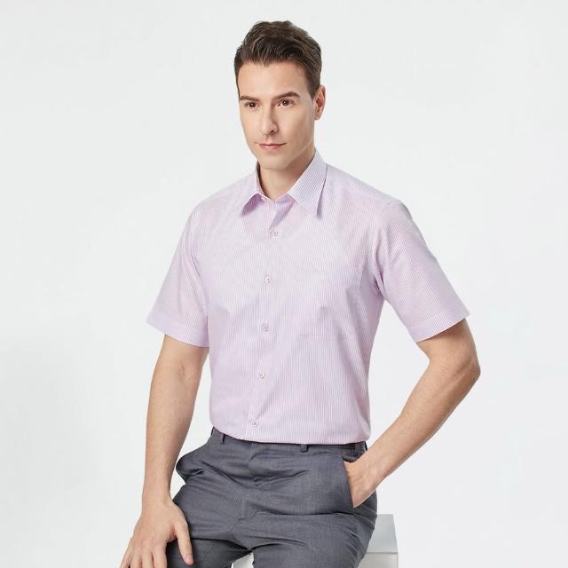 【pierre cardin 皮爾卡登】男襯衫 棉混紡抗皺舒適商務簡約條紋短袖襯衫_粉條(52272-71)
