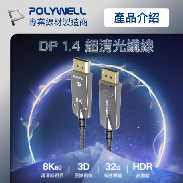 【POLYWELL】DP 8K AOC光纖影音線 /10M