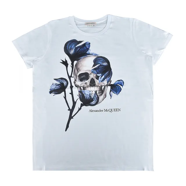 【Alexander McQueen】ALEXANDER McQUEEN 黑字LOGO風鈴草結合骷髏頭圖案純棉短袖T恤(女款/白)