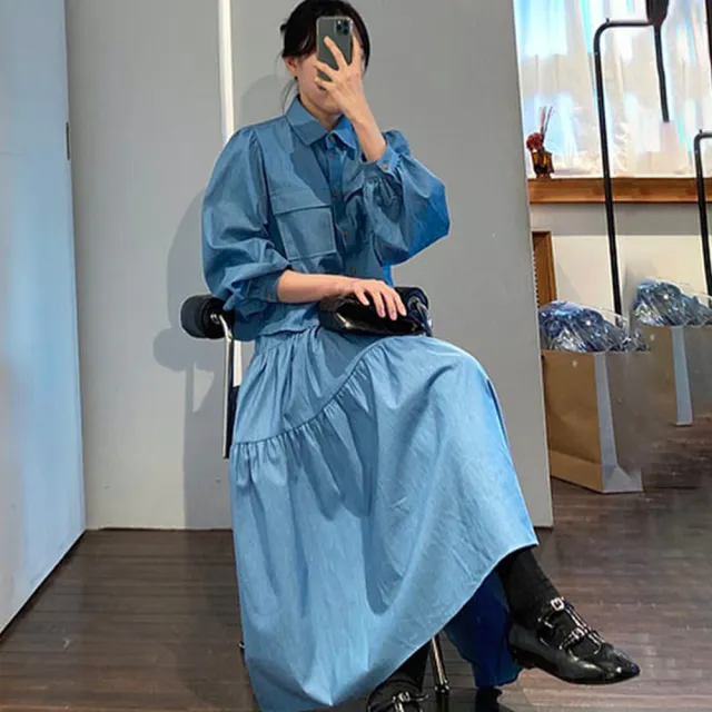 【baibeauty 白鳥麗子】復古牛仔排釦翻領公主袖襯衫+高腰蛋糕傘裙(兩件可選)
