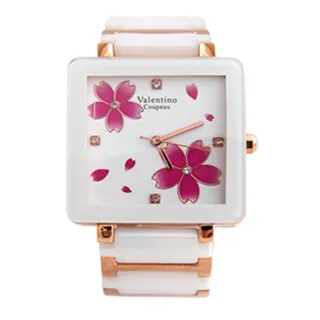 【范倫鐵諾․古柏】奢華玫瑰金櫻花精密陶瓷方形手錶