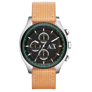 【AX Armani Exchange】急速車手計時腕錶-綠黑x淺褐皮帶(AX1608)