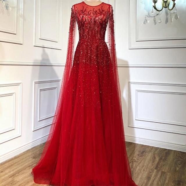 【女神婚紗禮服】高端U領長披肩宴會晚禮服LA60869 紅色(訂婚 結婚)