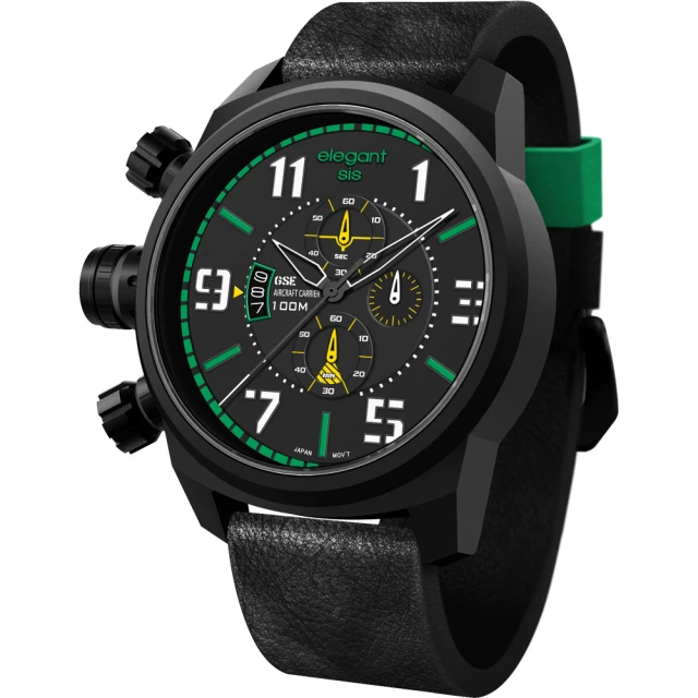 【elegantsis】Army 叢林戰鬥強悍三眼計時手錶-黑x綠(ELJF48-OG01LC)