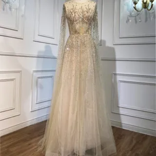 【女神婚紗禮服】高端U領長披肩宴會晚禮服LA60869 銀灰色(訂婚 結婚)