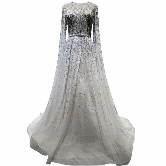 【女神婚紗禮服】高端U領長披肩宴會晚禮服LA60869 深藍色(訂婚 結婚)