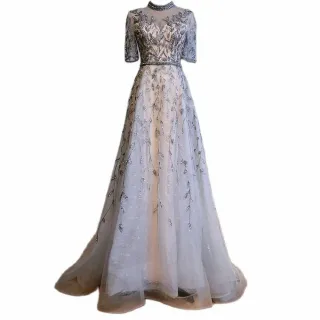 【女神婚紗禮服】高端奢華手工縫珠氣質宴會晚禮服 LA71378 灰色(宴會 媽媽服)