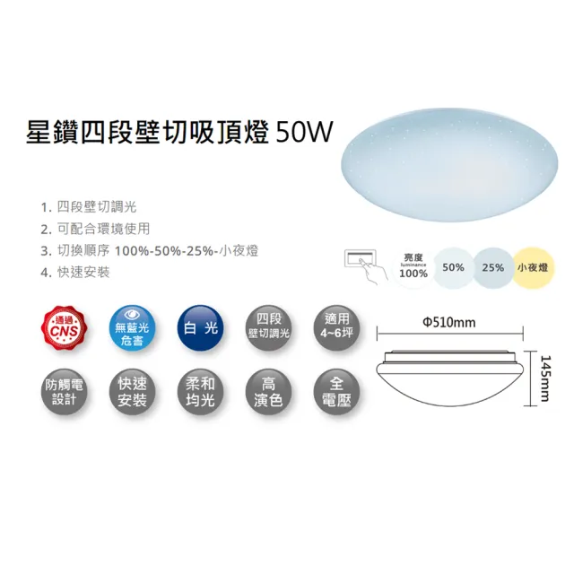 【DanceLight 舞光】舞光 LED 50W星鑽四段壁切吸頂燈 4-6坪 LED-CES50DSW(四段壁切/安裝便利/白光.黃光)