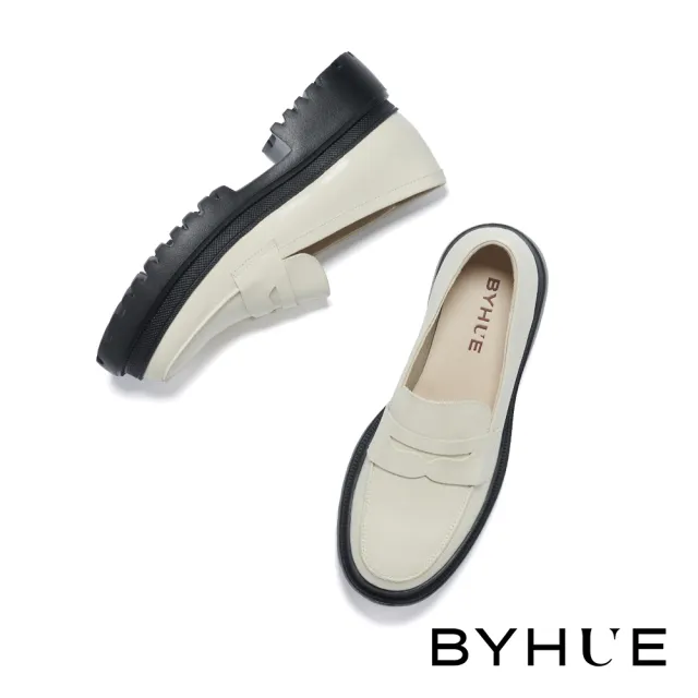 【BYHUE】簡約質感鋸齒牛油皮軟芯樂福厚底鞋(白)