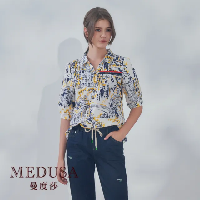 【MEDUSA 曼度莎】現貨-黃藍版畫印花襯衫（M-2L）｜女上衣 女短袖上衣 女襯衫(101-74701)