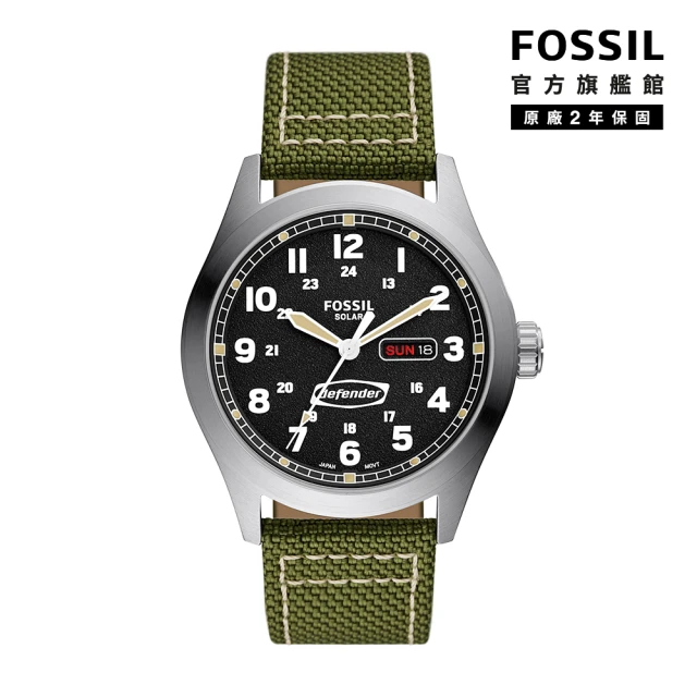 FOSSIL 官方旗艦館 Defender 文青復古日曆太陽能指針手錶 綠色尼龍錶帶 46MM FS5977