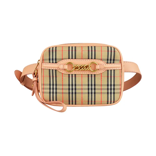 【BURBERRY 巴寶莉】BURBERRY Link經典戰馬LOGO格紋帆布拼牛皮拉鍊手拿包/腰包(米格紋x淡桃紅)