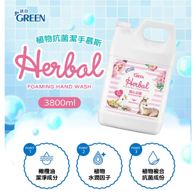 【Green 綠的】植物抗菌潔手慕斯開心花園加侖桶3800mlx1+瓶裝400mlx1(洗手慕斯)