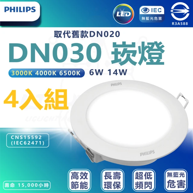 Philips 飛利浦照明 4入組 DN030 14W崁燈 嵌入孔15cm(白光/中性光/黃光)