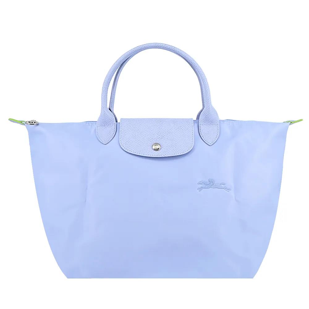 【LONGCHAMP】LE PLIAGE GREEN系列刺繡短把再生尼龍摺疊水餃包(中/天澄)