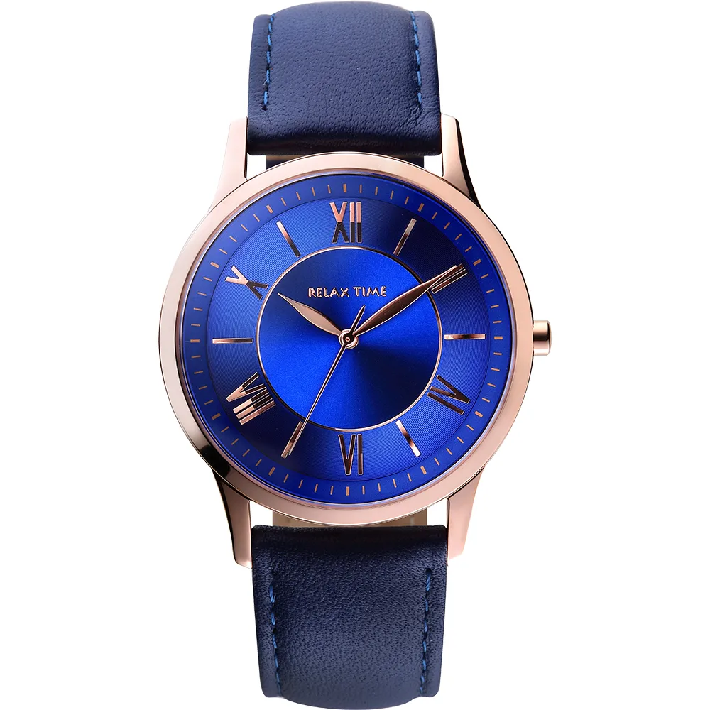 【Relax Time】RT58 經典學院風格手錶-藍x玫瑰金框/42mm(RT-58-12M)