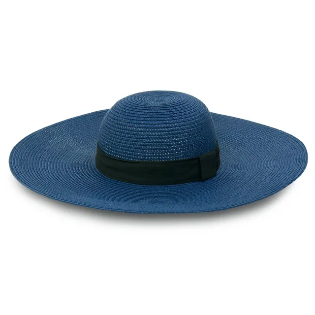 【Limehi】時尚黑色織帶造型草帽 沙灘遮陽帽 可折疊帽(深藍 Lime-18)