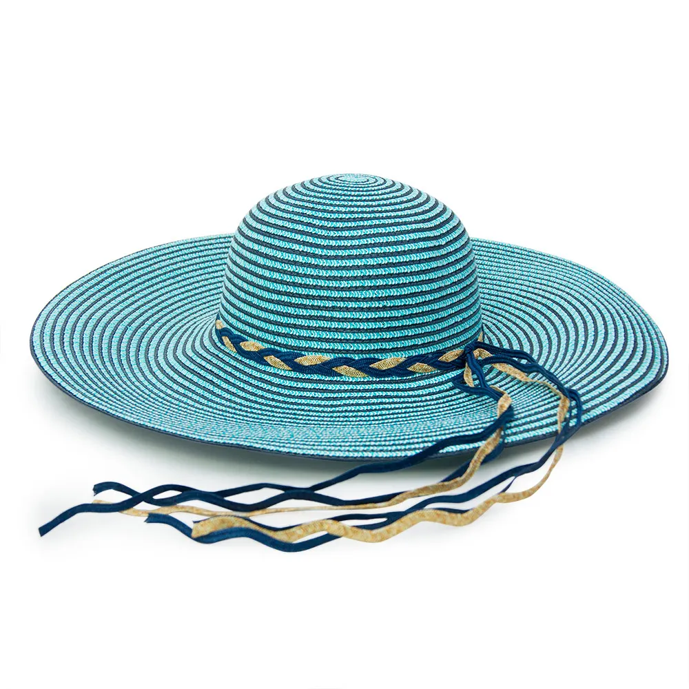 【Limehi】時尚手工編織帶造型草帽 沙灘遮陽帽 可折疊帽(淺藍棕 Lime-20)