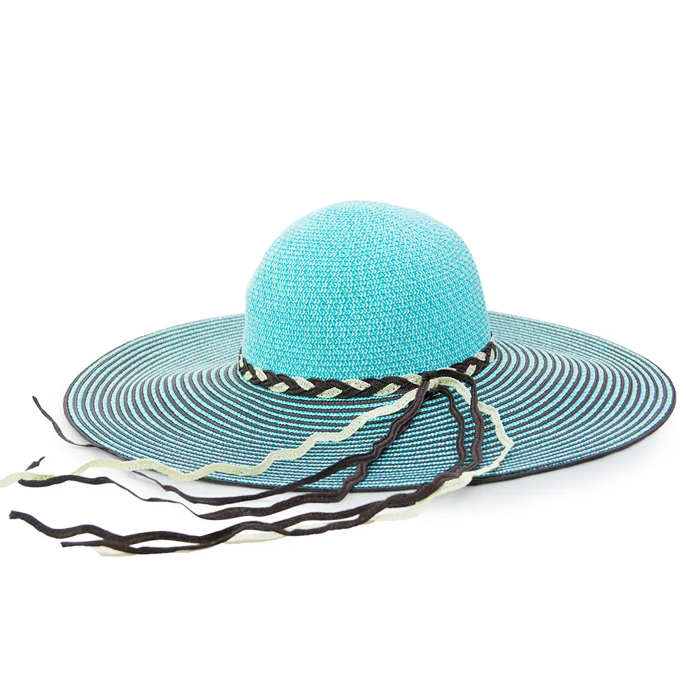 【Limehi】時尚手工編織帶造型草帽 沙灘遮陽帽 可折疊帽(藍灰 Lime-21)