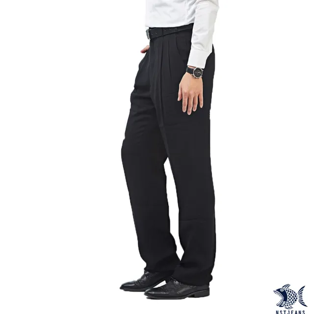 【NST Jeans】大尺碼 聚酯纖維 飽和純黑 秋冬男打摺西裝褲-中高腰寬版(001-7275)