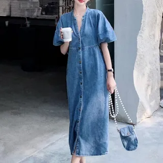 【ACheter】休閒薄款牛仔連身衣裙百搭顯瘦寬鬆短袖復古高級單排扣柔軟舒適長洋裝#117661(2色)