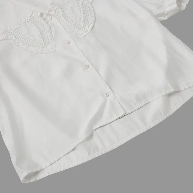 【OUWEY 歐薇】復古蕾絲領片澎袖縲縈短版襯衫(白色；S-L；3232431519)