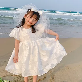 【橘魔法】純白刺繡花朵紗質小包袖洋裝 (白色洋裝 短袖洋裝 連身裙 連衣裙 女童 童裝 兒童)