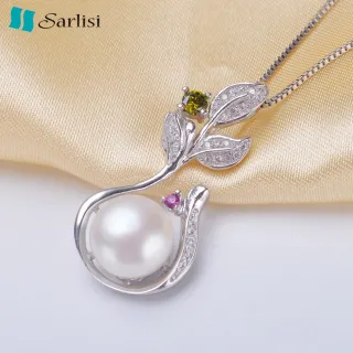 【Sarlisi】落葉純銀晶鑽珍珠項鍊(白色、紫色、粉色)