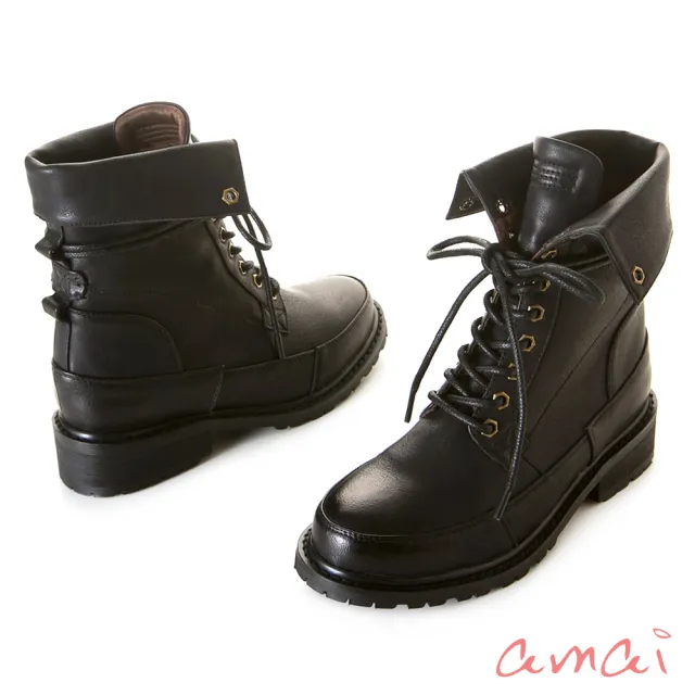 【amai】復古反折綁帶低跟靴 機車靴 短靴 短筒靴 馬丁靴 粗跟 百搭 大尺碼 SP5-31BK(黑色)