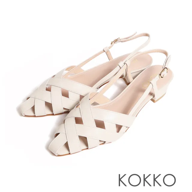 【KOKKO 集團】渡假風多層次編織綿羊皮低跟涼鞋(白色)