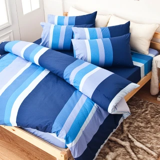 【戀家小舖】100%純棉枕套被套床包四件組-加大(海水藍)