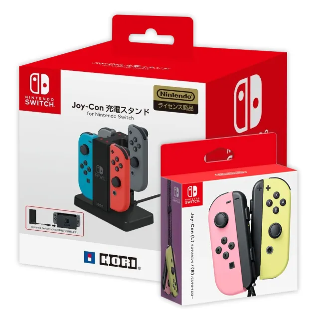 Nintendo 任天堂】NS原廠Joy-Con控制器淡雅色+副廠HORI雙手把充電座