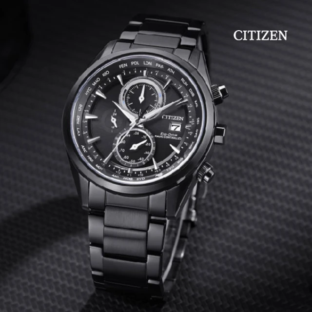 【CITIZEN 星辰】GENTS 光動能 電波對時 三眼碼錶計時腕錶-黑43mm(AT8265-81E 防水100米)