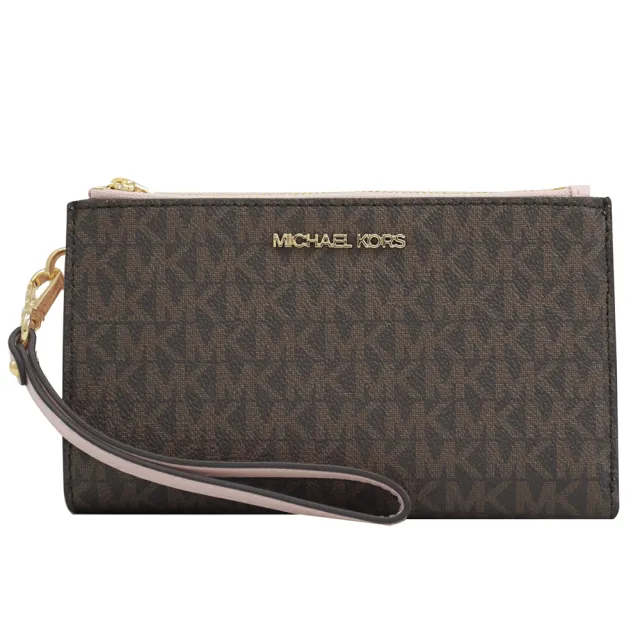 【Michael Kors】新版滿版MK印花LOGO手提式雙拉鍊手機袋長夾(深咖/粉)