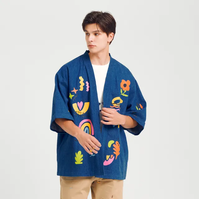 【JOHN HENRY】日系和服抽象塗鴉丹寧外套-牛仔藍