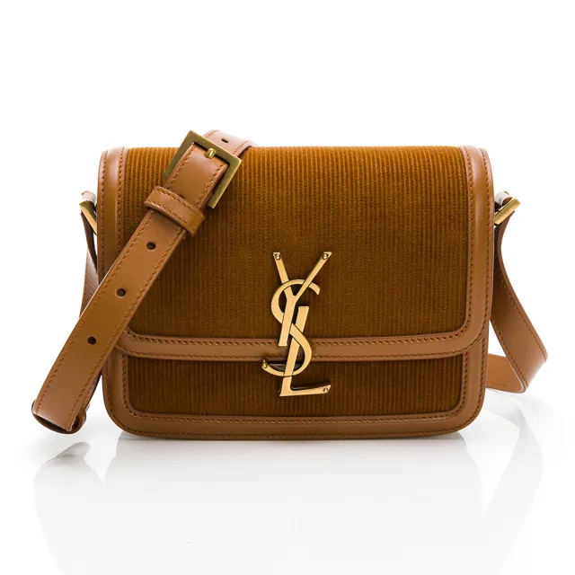 【YSL】Solferno 金屬LOGO燈芯絨小方包/斜背包(小款/棕色直紋)