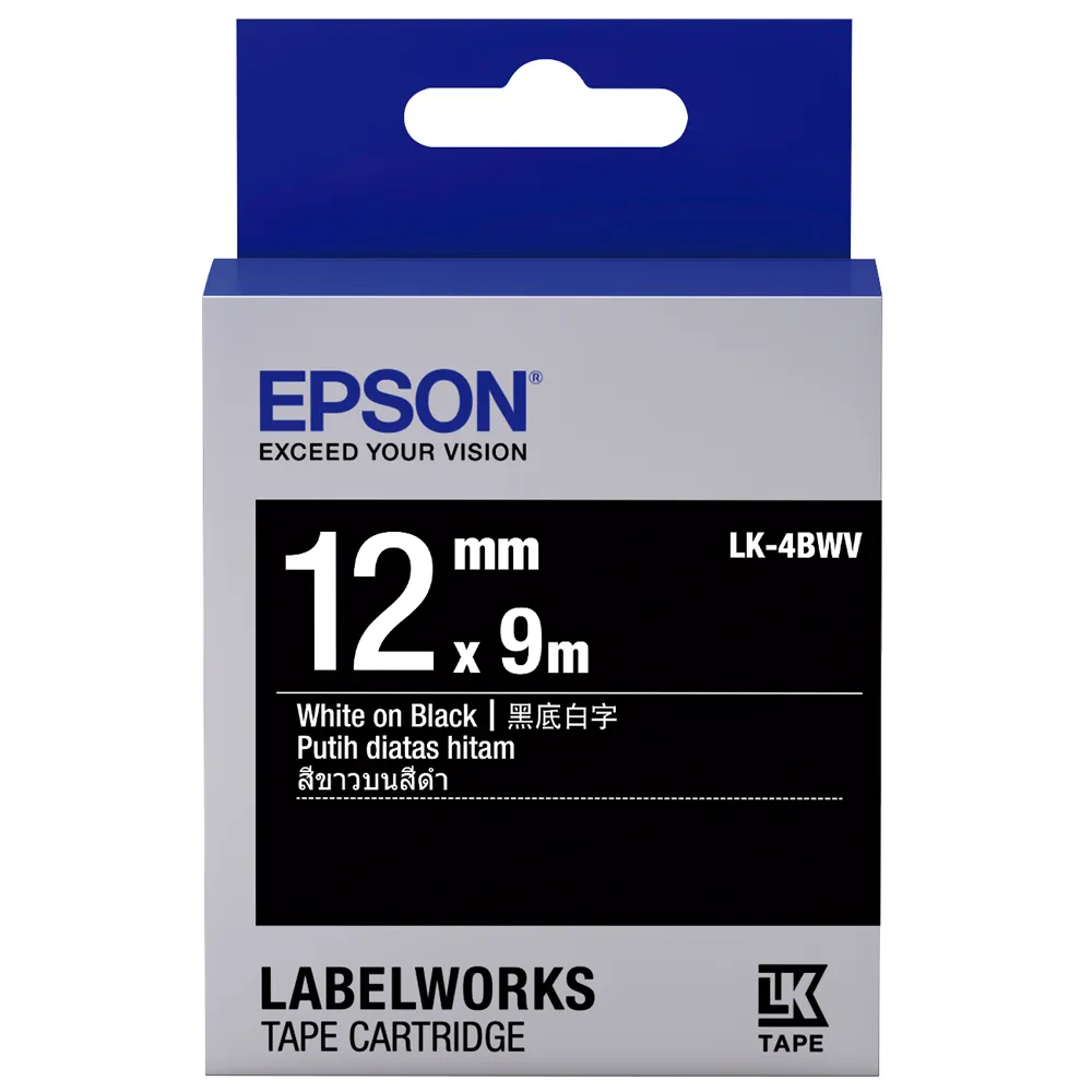 【EPSON】標籤帶 黑底白字/12mm(LK-4BWV)