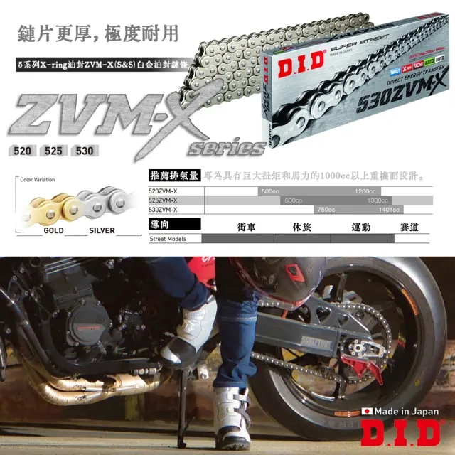 【日本 D.I.D大同工業株式会社】ZVM-X系列 專利X型油封 重機專用 白金加厚鏈條(鍊條尺寸525 / 鏈目120節)